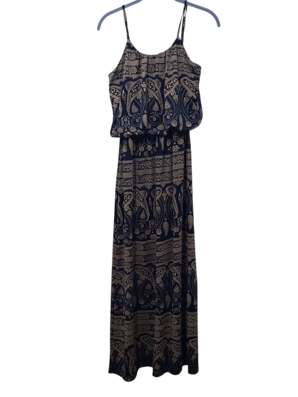 Magic | Navy & Beige Paisley Blouson Spaghetti Strap Maxi Dress | Womens Small